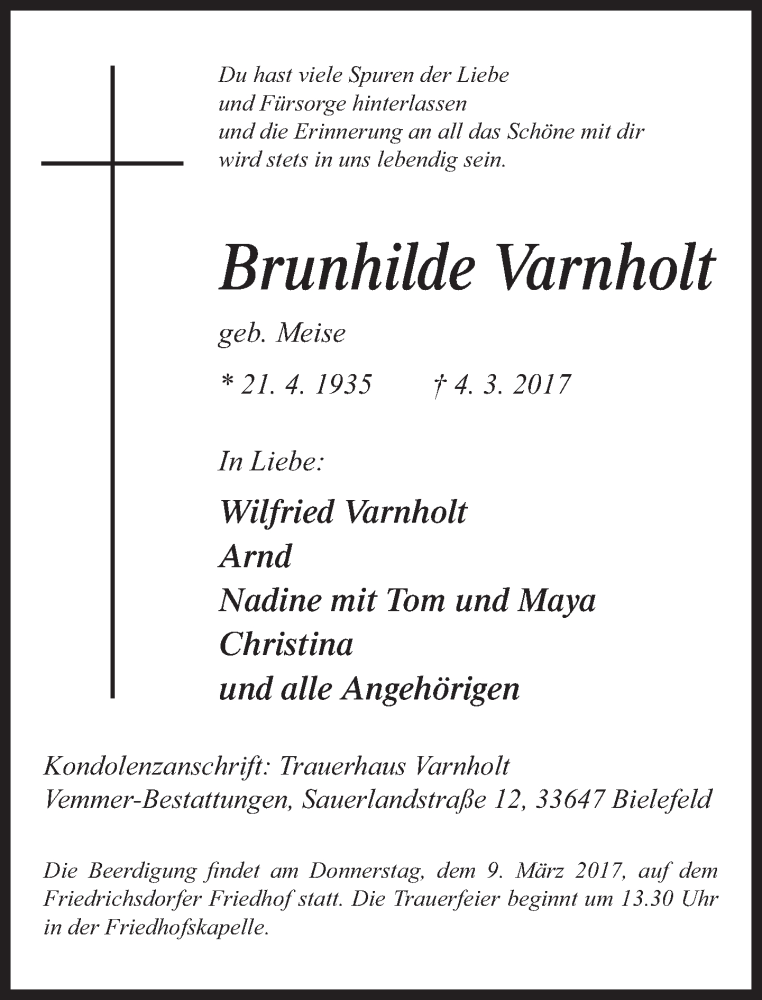  Traueranzeige für Brunhilde Varnholt vom 08.03.2017 aus Neue Westfälische