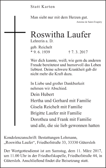 Traueranzeige von Roswitha Laufer von Neue Westfälische