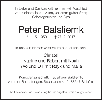 Traueranzeige von Peter Balsliemk von Neue Westfälische