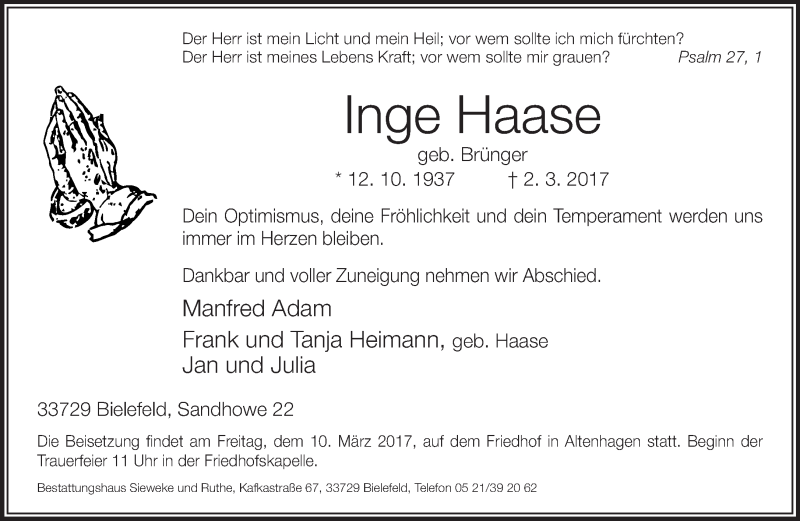 Traueranzeige für Inge Haase vom 04.03.2017 aus Neue Westfälische