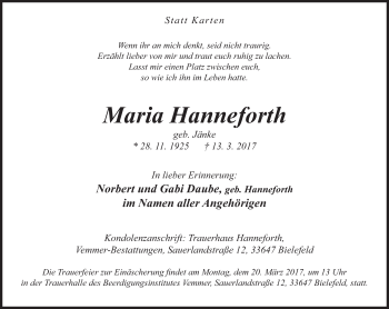 Traueranzeige von Maria Hanneforth von Neue Westfälische