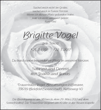 Traueranzeige von Brigitte Vogel von Neue Westfälische