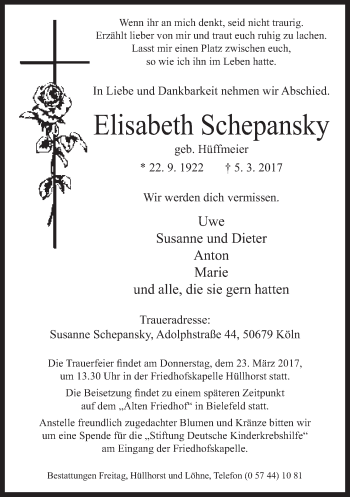 Traueranzeige von Elisabeth Schepansky von Neue Westfälische