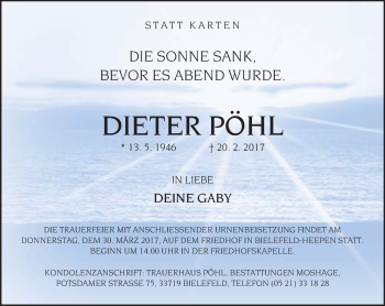 Traueranzeige von Dieter Pöhl von Neue Westfälische
