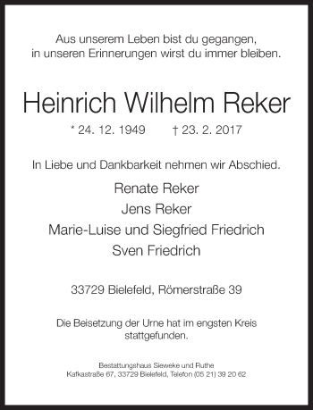Traueranzeige von Heinrich Wilhelm Reker von Neue Westfälische