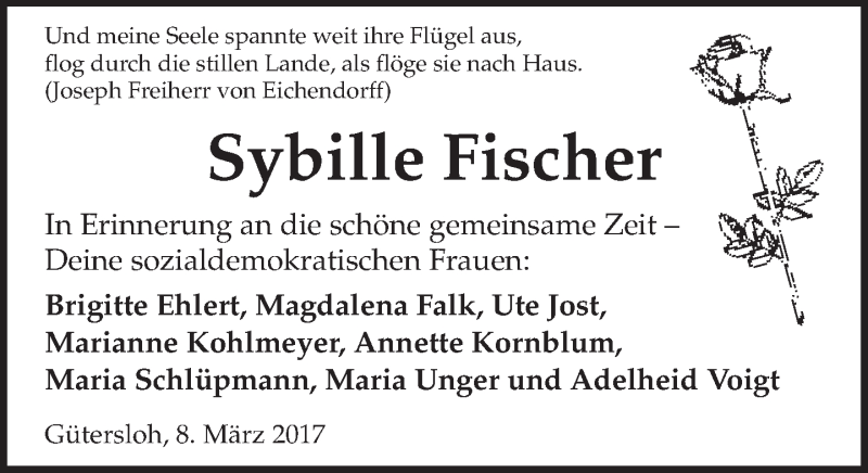  Traueranzeige für Sybille Fischer vom 08.03.2017 aus Neue Westfälische