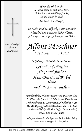 Traueranzeige von Alfons Moschner von Neue Westfälische