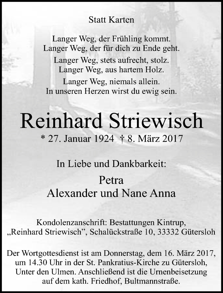  Traueranzeige für Reinhard Striewisch vom 11.03.2017 aus Neue Westfälische
