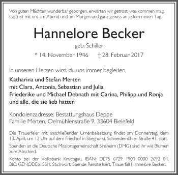 Traueranzeige von Hannelore Becker von Neue Westfälische