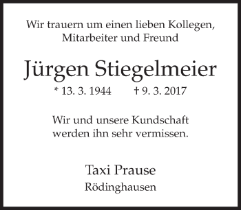 Traueranzeige von Jürgen Stiegelmeier von Neue Westfälische