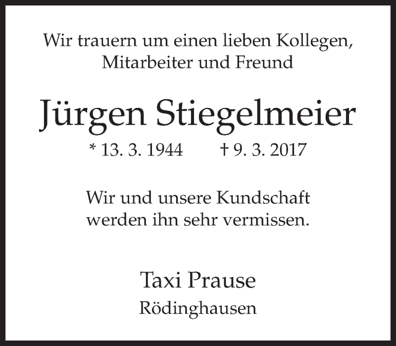  Traueranzeige für Jürgen Stiegelmeier vom 18.03.2017 aus Neue Westfälische
