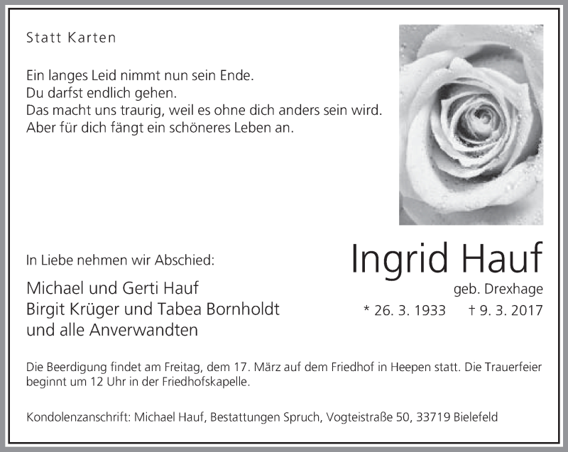  Traueranzeige für Ingrid Hauf vom 15.03.2017 aus Neue Westfälische