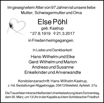 Traueranzeige von Else Pöhl von Neue Westfälische