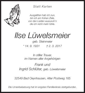 Traueranzeige von Ilse Lüwelsmeier von Neue Westfälische