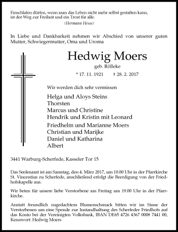 Traueranzeige von Hedwig Moers von Neue Westfälische
