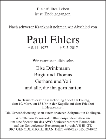 Traueranzeige von Paul Ehlers von Neue Westfälische