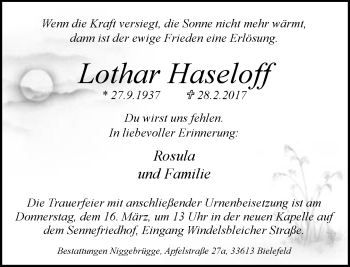 Traueranzeige von Lothar Haseloff von Neue Westfälische