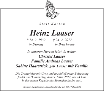 Traueranzeige von Heinz Laaser von Neue Westfälische