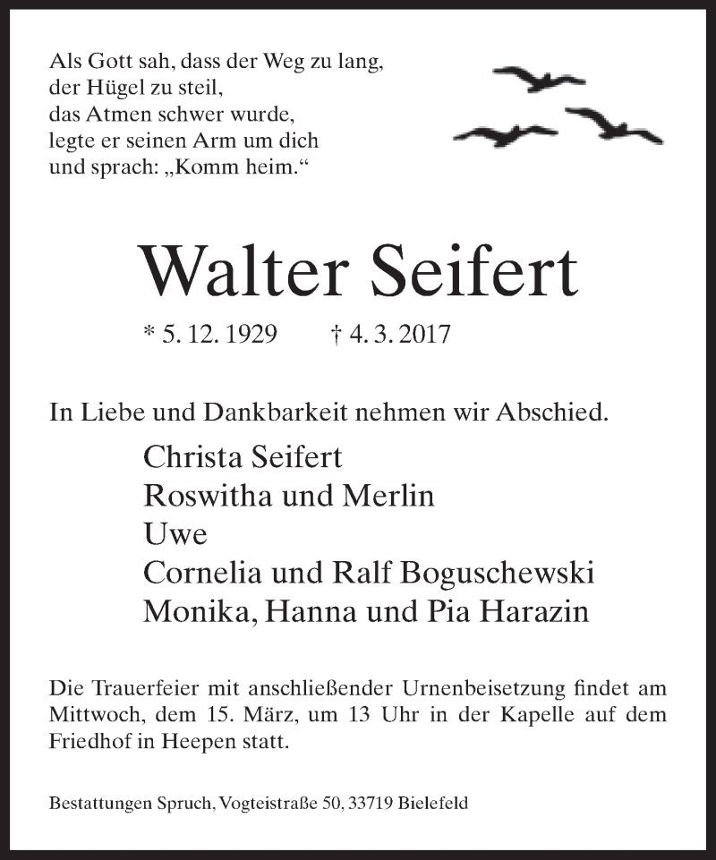  Traueranzeige für Walter Seifert vom 08.03.2017 aus Neue Westfälische