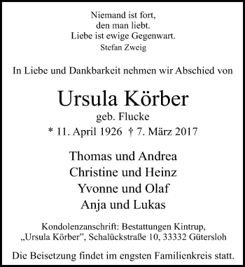 Traueranzeige von Ursula Körber von Neue Westfälische