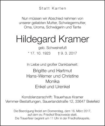 Traueranzeige von Hildegard Kramer von Neue Westfälische