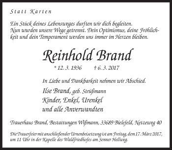 Traueranzeige von Reinhold Brand von Neue Westfälische