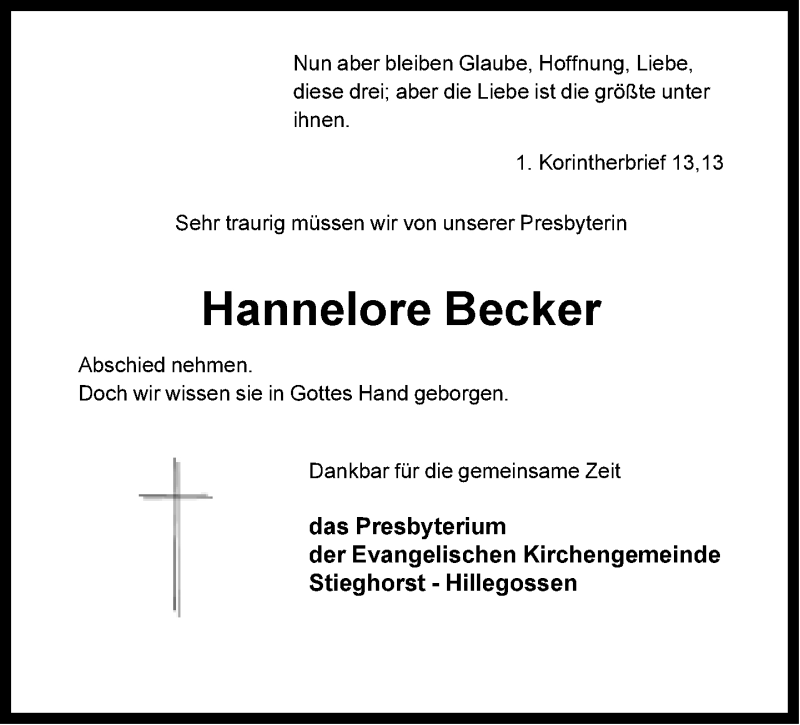  Traueranzeige für Hannelore Becker vom 11.03.2017 aus Neue Westfälische