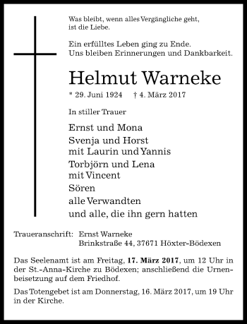 Traueranzeige von Helmut Warneke von Neue Westfälische