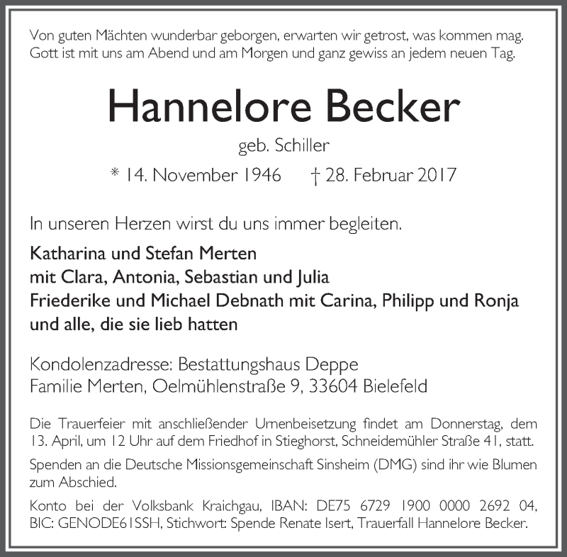  Traueranzeige für Hannelore Becker vom 11.03.2017 aus Neue Westfälische
