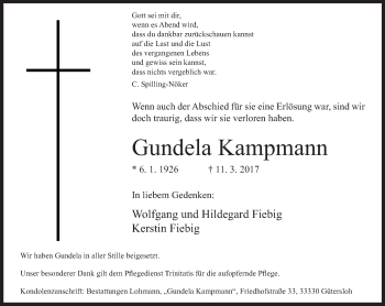 Traueranzeige von Gundela Kampmann von Neue Westfälische