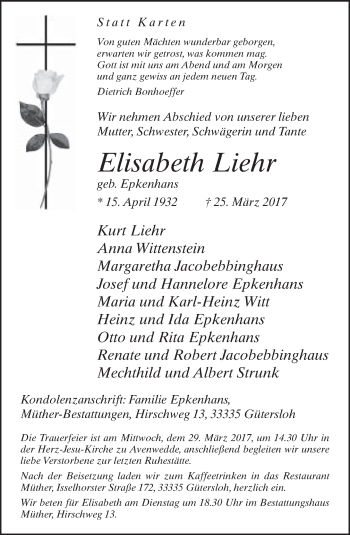 Traueranzeige von Elisabeth Liehr von Neue Westfälische