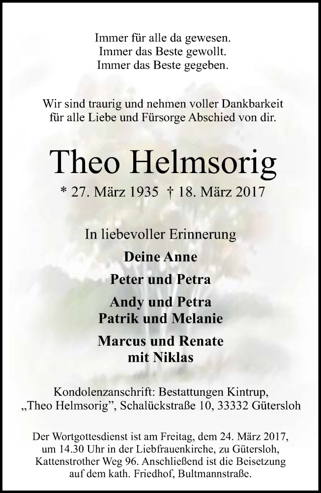  Traueranzeige für Theo Helmsorig vom 21.03.2017 aus Neue Westfälische