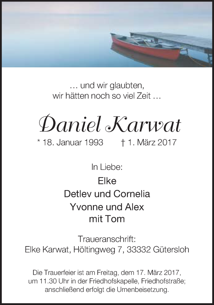  Traueranzeige für Daniel Karwat vom 11.03.2017 aus Neue Westfälische