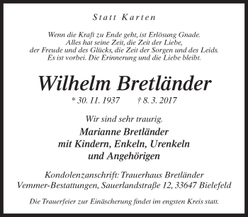 Traueranzeige von Wilhelm Bretländer von Neue Westfälische