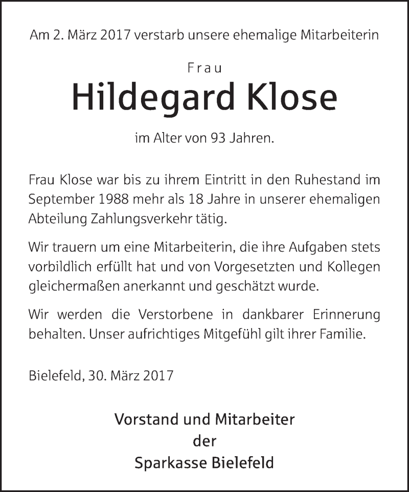  Traueranzeige für Hildegard Klose vom 31.03.2017 aus Neue Westfälische