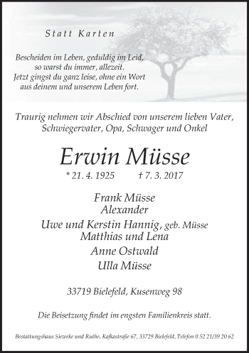 Traueranzeige von Erwin Müsse von Neue Westfälische