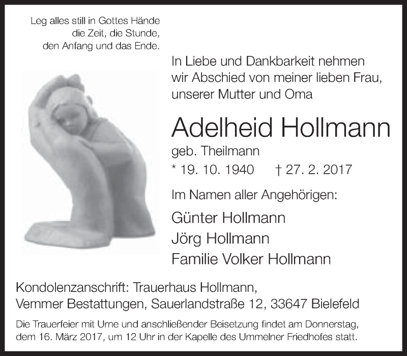  Traueranzeige für Adelheid Hollmann vom 04.03.2017 aus Neue Westfälische