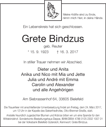 Traueranzeige von Grete Bindzus von Neue Westfälische