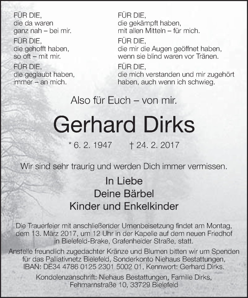  Traueranzeige für Gerhard Dirks vom 04.03.2017 aus Neue Westfälische