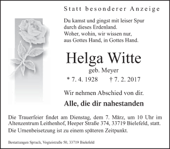 Traueranzeige von Helga Witte von Neue Westfälische