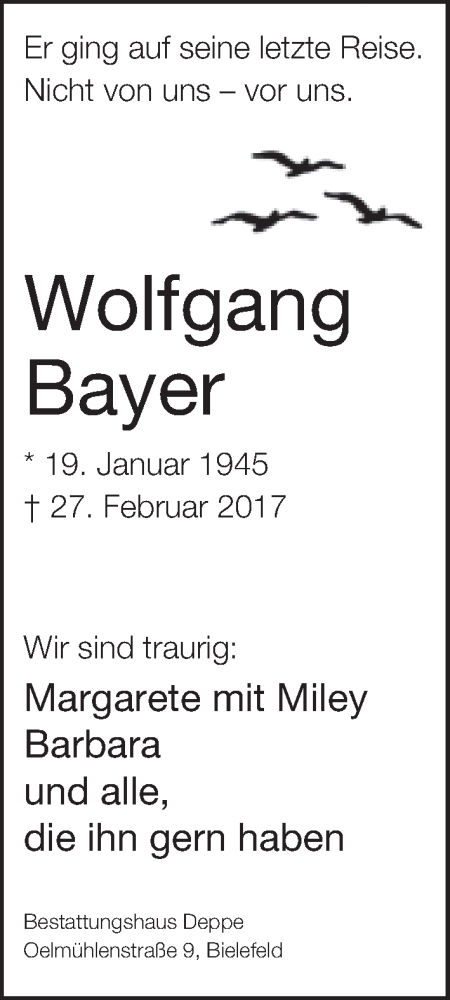  Traueranzeige für Wolfgang Bayer vom 04.03.2017 aus Neue Westfälische