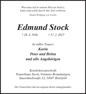 Traueranzeige von Edmund Stock von Neue Westfälische