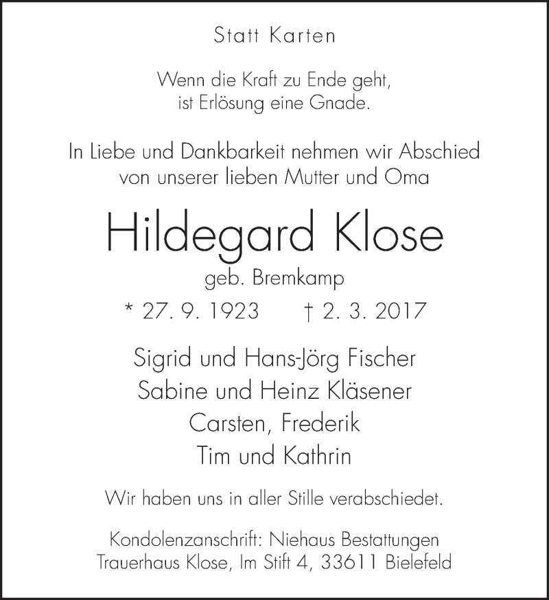  Traueranzeige für Hildegard Klose vom 18.03.2017 aus Neue Westfälische