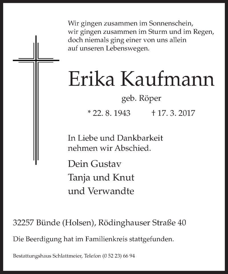  Traueranzeige für Erika Kaufmann vom 23.03.2017 aus Neue Westfälische