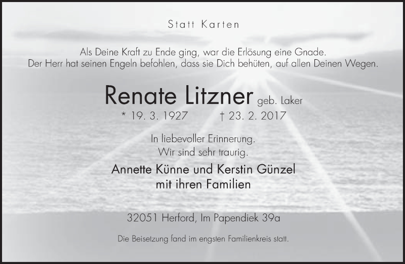  Traueranzeige für Renate Litzner vom 04.03.2017 aus Neue Westfälische