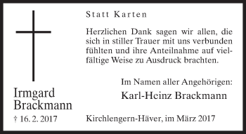 Traueranzeige von Irmgard Brackmann von Neue Westfälische