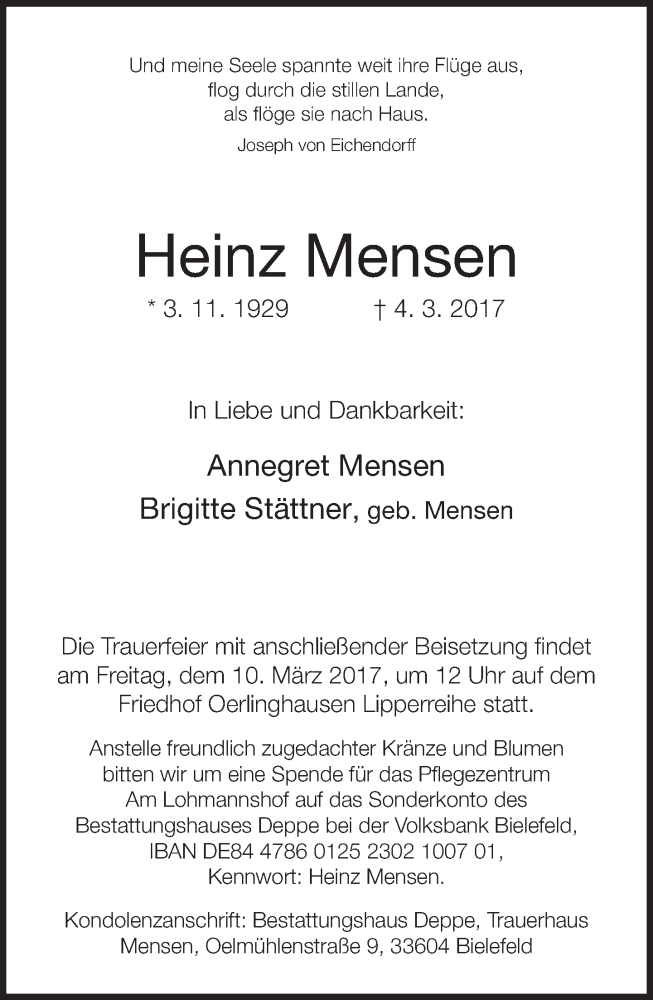  Traueranzeige für Heinz Mensen vom 07.03.2017 aus Neue Westfälische