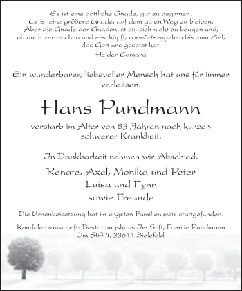 Traueranzeige von Hans Pundmann von Neue Westfälische