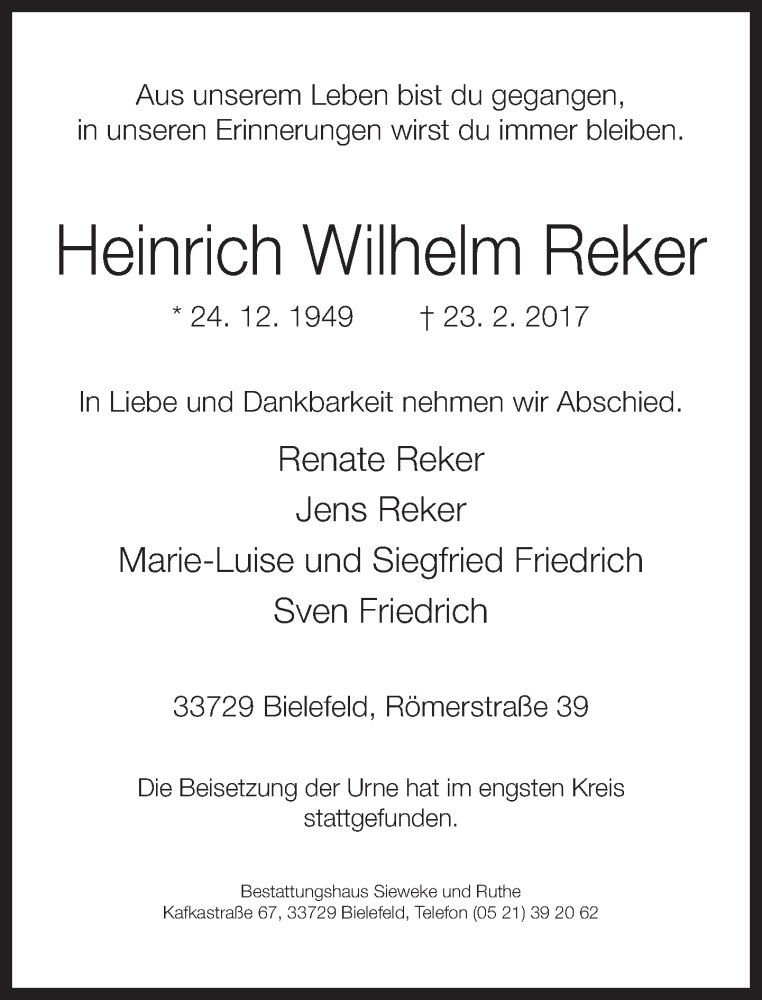  Traueranzeige für Heinrich Wilhelm Reker vom 11.03.2017 aus Neue Westfälische