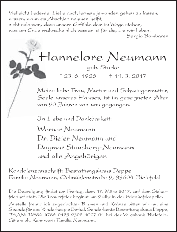 Traueranzeige von Hannelore Neumann von Neue Westfälische